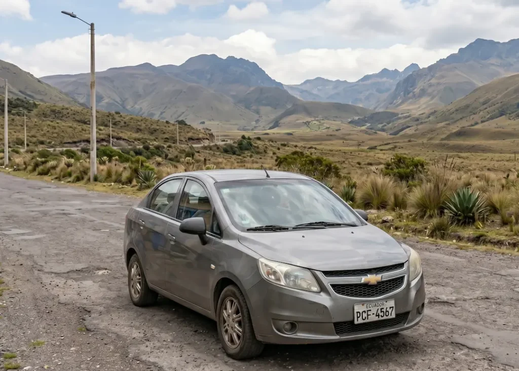 Chevrolet Sail usado circulando por un paisaje andino en Ecuador