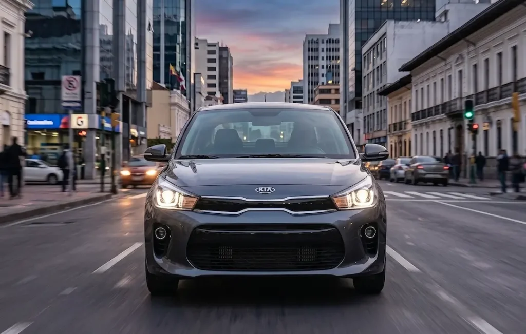 Kia Rio usado circulando por una zona urbana de Ecuador.